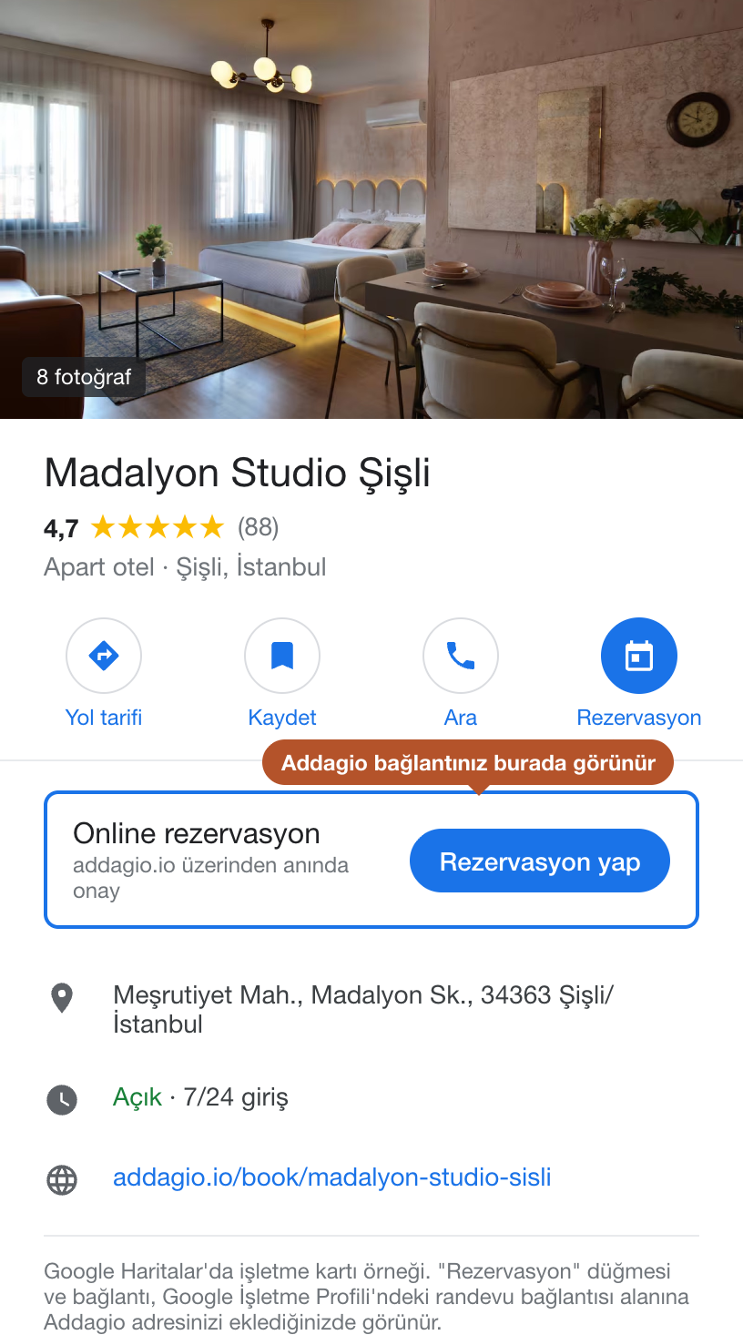 Google Haritalar işletme kartında "Rezervasyon" düğmesi ve Addagio bağlantısı